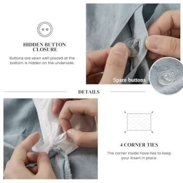 Simple&Opulence 100% Linen Duvet Cover Set, 3 PCS Natural French Flax Dusty Blue Ruffle Duvet Cover Queen Size, Breathable Comfy Linen Bedding Comforter Cover with 2 Pillowcases (Dusty Bluen, 88"X92")