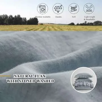 Simple&Opulence 100% Linen Duvet Cover Set, 3 PCS Natural French Flax Dusty Blue Ruffle Duvet Cover Queen Size, Breathable Comfy Linen Bedding Comforter Cover with 2 Pillowcases (Dusty Bluen, 88"X92")
