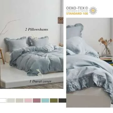 Simple&Opulence 100% Linen Duvet Cover Set, 3 PCS Natural French Flax Dusty Blue Ruffle Duvet Cover Queen Size, Breathable Comfy Linen Bedding Comforter Cover with 2 Pillowcases (Dusty Bluen, 88"X92")