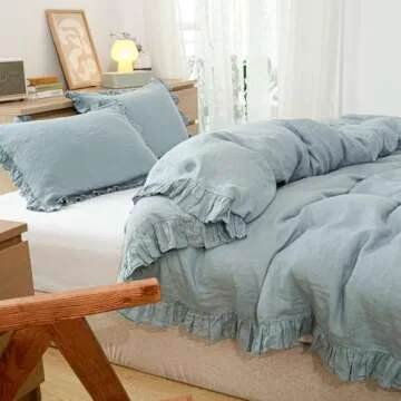 Simple&Opulence 100% Linen Duvet Cover Set, 3 PCS Natural French Flax Dusty Blue Ruffle Duvet Cover Queen Size, Breathable Comfy Linen Bedding Comforter Cover with 2 Pillowcases (Dusty Bluen, 88"X92")