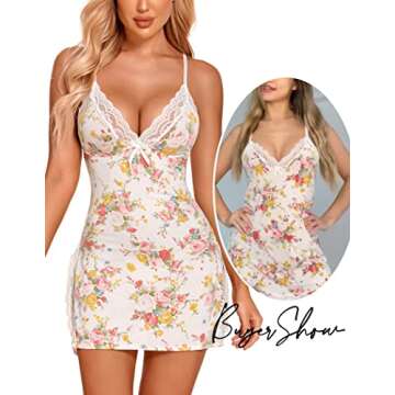 Avidlove Printed Nightgown Baby Doll Nighty for Women Lace Sleepwear for Women Flower L