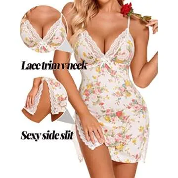 Avidlove Printed Nightgown Baby Doll Nighty for Women Lace Sleepwear for Women Flower L