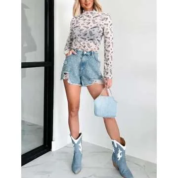 Western Mesh Top Women See Through Cowboy Shirt Mock Neck Country Concert Outfits Layering Sheer Long Sleeve Tops White