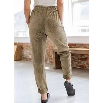 EVALESS Corduroy Pants for Women Trendy Drawstring Elastic High Waist Straight Leg Pants Fall Spring 2025 Loose Comfy Trousers with Pockets Khaki Large