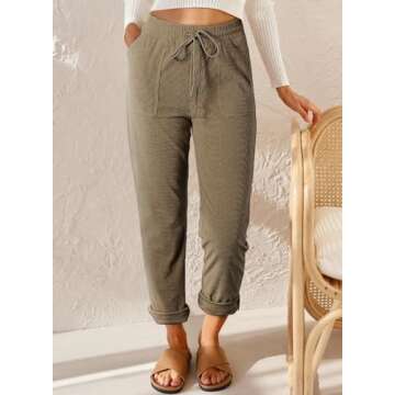 EVALESS Corduroy Pants for Women Trendy Drawstring Elastic High Waist Straight Leg Pants Fall Spring 2025 Loose Comfy Trousers with Pockets Khaki Large
