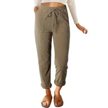 EVALESS Corduroy Pants for Women Trendy Drawstring Elastic High Waist Straight Leg Pants Fall Spring 2025 Loose Comfy Trousers with Pockets Khaki Large