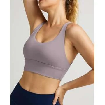 GYM RAINBOW Women's Strappy Longline Sports Bra Crisscross Back Medium Support Padded Workout Tank Yoga Crop Top(#1 Purple,Medium)