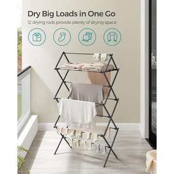 SONGMICS Foldable Clothes Drying Rack, Laundry Drying Rack, Clothes Airer, Steel Frame, 14.6 x 29.5 x 53.2 Inches, Easy Assembly, Indoor Outdoor Use, Black ULLR770B01