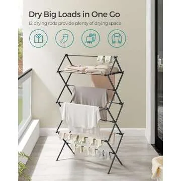 SONGMICS Foldable Clothes Drying Rack, Laundry Drying Rack, Clothes Airer, Steel Frame, 14.6 x 29.5 x 53.2 Inches, Easy Assembly, Indoor Outdoor Use, Black ULLR770B01