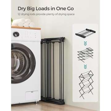 SONGMICS Foldable Clothes Drying Rack, Laundry Drying Rack, Clothes Airer, Steel Frame, 14.6 x 29.5 x 53.2 Inches, Easy Assembly, Indoor Outdoor Use, Black ULLR770B01