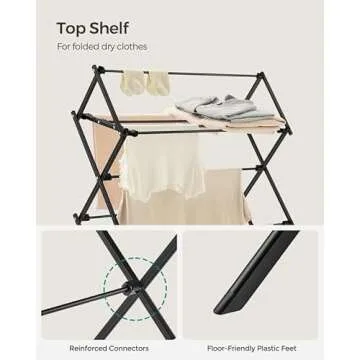 SONGMICS Foldable Clothes Drying Rack, Laundry Drying Rack, Clothes Airer, Steel Frame, 14.6 x 29.5 x 53.2 Inches, Easy Assembly, Indoor Outdoor Use, Black ULLR770B01