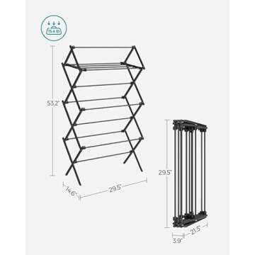 SONGMICS Foldable Clothes Drying Rack, Laundry Drying Rack, Clothes Airer, Steel Frame, 14.6 x 29.5 x 53.2 Inches, Easy Assembly, Indoor Outdoor Use, Black ULLR770B01