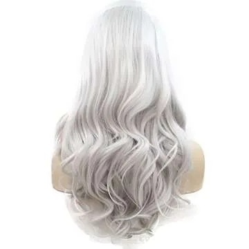 Melody Wig Silver Gray Lace Wigs For Women Body Wave Side Part Silver Grey Synthetic Lace Front Wigs 180% Density Half Hand Tied Heat Resistant Fiber Hair 24''