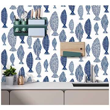 HAOKHOME Peel and Stick Wallpaper Abstract Underwater World Fish Trellis Indigo Blue Removable conta...