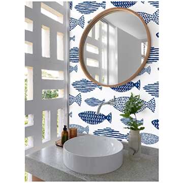 HAOKHOME Peel and Stick Wallpaper Abstract Underwater World Fish Trellis Indigo Blue Removable contactpaper for Home Bathroom Decorations 17.7in x 118in