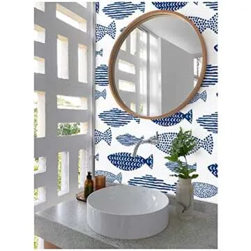 HAOKHOME Peel and Stick Wallpaper Abstract Underwater World Fish Trellis Indigo Blue Removable contactpaper for Home Bathroom Decorations 17.7in x 118in