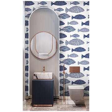 HAOKHOME Peel and Stick Wallpaper Abstract Underwater World Fish Trellis Indigo Blue Removable contactpaper for Home Bathroom Decorations 17.7in x 118in