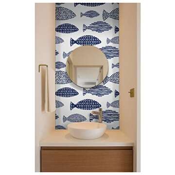 HAOKHOME Peel and Stick Wallpaper Abstract Underwater World Fish Trellis Indigo Blue Removable contactpaper for Home Bathroom Decorations 17.7in x 118in