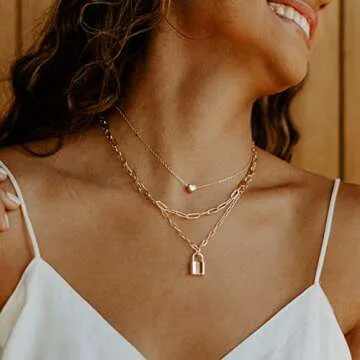 Ava Riley Necklace for Women, 14K Gold-Plated Dainty Choker, 3 Piece Sets - Heart Choker+Lock Necklaces for Women, Trendy Beach Jewelry