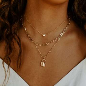 Ava Riley Necklace for Women, 14K Gold-Plated Dainty Choker, 3 Piece Sets - Heart Choker+Lock Necklaces for Women, Trendy Beach Jewelry