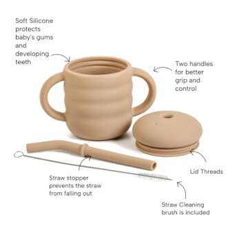 Cute 2-1 Silicone Straw Sippy Cup with Stopper - 5.4 OZ Spill-proof Sippy Cups for Baby 6+ Months w/...