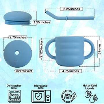 Cute 2-1 Silicone Straw Sippy Cup with Stopper - 5.4 OZ Spill-proof Sippy Cups for Baby 6+ Months w/ Dbl Handles, Grooved Body & Angled Straw for Fun & Safe Drinking - Includes Cleaning Brush - Beige