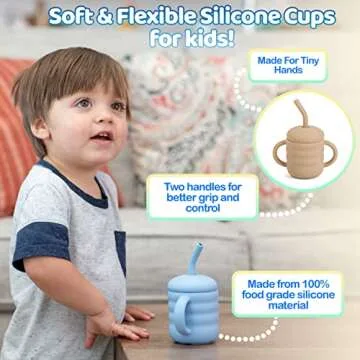 Cute 2-1 Silicone Straw Sippy Cup with Stopper - 5.4 OZ Spill-proof Sippy Cups for Baby 6+ Months w/ Dbl Handles, Grooved Body & Angled Straw for Fun & Safe Drinking - Includes Cleaning Brush - Beige