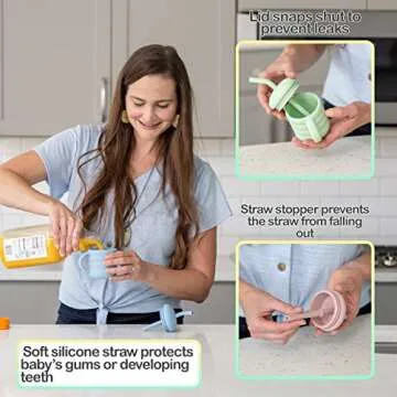 Cute 2-1 Silicone Straw Sippy Cup with Stopper - 5.4 OZ Spill-proof Sippy Cups for Baby 6+ Months w/ Dbl Handles, Grooved Body & Angled Straw for Fun & Safe Drinking - Includes Cleaning Brush - Beige