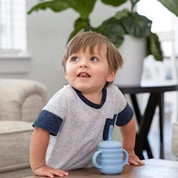 Cute 2-1 Silicone Straw Sippy Cup with Stopper - 5.4 OZ Spill-proof Sippy Cups for Baby 6+ Months w/ Dbl Handles, Grooved Body & Angled Straw for Fun & Safe Drinking - Includes Cleaning Brush - Beige