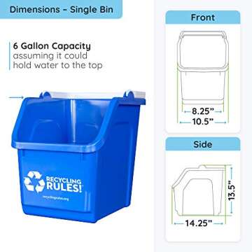 Recycling Rules 6 Gallon Stackable Recycling Bin Container in Blue, Eco-Friendly BPA-Free Handy Recycler with Handle, 6-Pack