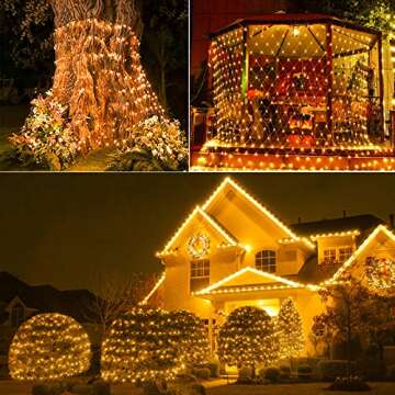 Abkshine 180 LED Solar Christmas Net Lights 10Ft x 4.9Ft, 8 Modes Solar Christmas Bush Lights, Waterproof Outdoor Solar Christmas Lights for Christmas Tree Bushes Garden Yard Fence Wall, Warm White