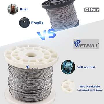 IETFULL 1/16 Wire Rope, 1/16 in. x328 ft. Aircraft Cable, 304 Stainless Steel Cable, 7x7 368 lbs Bre...