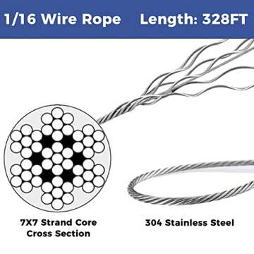 IETFULL 1/16 Wire Rope, 1/16 in. x328 ft. Aircraft Cable, 304 Stainless Steel Cable, 7x7 368 lbs Breaking Strength Steel Wire with 50pcs Thimbles and 50pcs Crimping Sleeves, Clothesline Trellis Wires