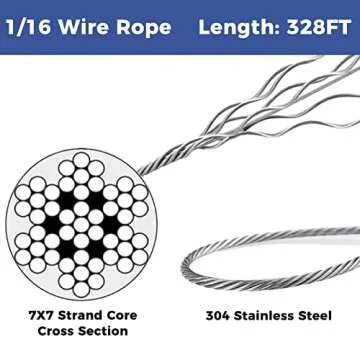 IETFULL 1/16 Wire Rope, 1/16 in. x328 ft. Aircraft Cable, 304 Stainless Steel Cable, 7x7 368 lbs Breaking Strength Steel Wire with 50pcs Thimbles and 50pcs Crimping Sleeves, Clothesline Trellis Wires