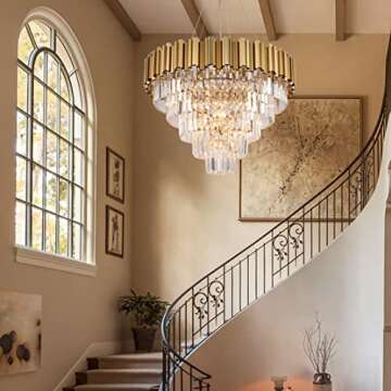 Akeelighting Gold Chandeliers Modern Crystal Chandelier for Dining Room 9 Light High Ceiling Foyer Ceiling Hanging Pendant Chandelier 5 Tier Lighting Fixture Hall Entryway 27.5"