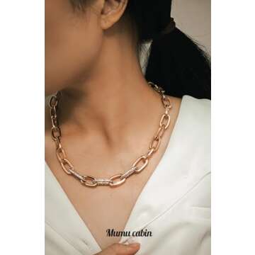 MUMU CABIN Chunky Gold Paperclip Link Chain Necklace with Cubic zirconia for Women, Dainty 18K Gold Plated with Fashion Designer Style, Looks Trendy MU007-1