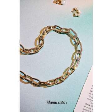 MUMU CABIN Chunky Gold Paperclip Link Chain Necklace with Cubic zirconia for Women, Dainty 18K Gold Plated with Fashion Designer Style, Looks Trendy MU007-1
