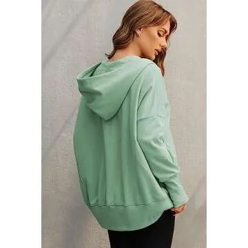 AlvaQ Womens Button Up V Neck Hoodies Casual Long Sleeve Sweatshirts Loose Ribbed Pullover Tops with Pockets Green Medium