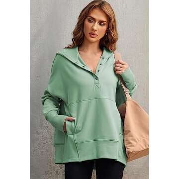 AlvaQ Womens Button Up V Neck Hoodies Casual Long Sleeve Sweatshirts Loose Ribbed Pullover Tops with Pockets Green Medium