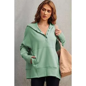 AlvaQ Womens Button Up V Neck Hoodies Casual Long Sleeve Sweatshirts Loose Ribbed Pullover Tops with Pockets Green Medium