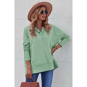 AlvaQ Womens Button Up V Neck Hoodies Casual Long Sleeve Sweatshirts Loose Ribbed Pullover Tops with Pockets Green Medium