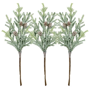 3 Pack Frosted Artificial Cypress Pine Stems Snowy Glittered Pine Spray with Mini Pinecones for Chri...