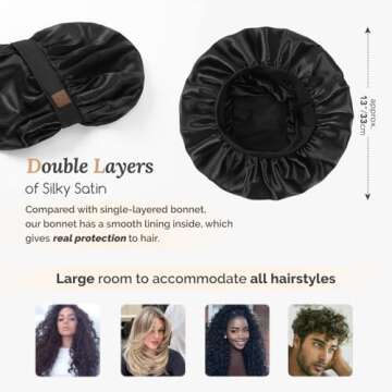 Hat Hut Satin Bonnet Silk Bonnet Sleep Cap for Women Hair Bonnet for Curly Natural Hair Sleeping Adjustable Wide Band Double Layer (Black)