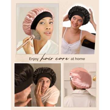 Hat Hut Satin Bonnet Silk Bonnet Sleep Cap for Women Hair Bonnet for Curly Natural Hair Sleeping Adjustable Wide Band Double Layer (Black)
