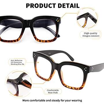 FEISEDY Women Men Blue Light Blocking Glasses Frame Oversized Designer Luxury Square Eyewear B2695(Black Gradient Leopard)