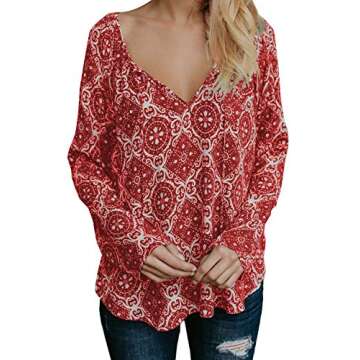 MIHOLL Women's Bohemian Style Printed Flowy Tops Loose Blouse Shirts (Medium, Red)