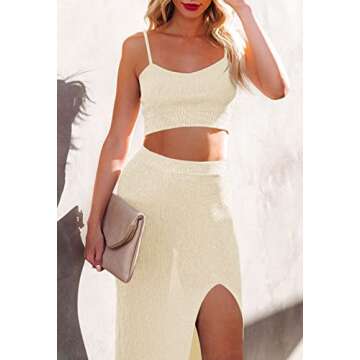 Womens Sleeveless Cami Crop Top Side Split Bodycon Midi Skirt Sets Knit 2 Piece Dress Apricot S