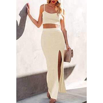Womens Sleeveless Cami Crop Top Side Split Bodycon Midi Skirt Sets Knit 2 Piece Dress Apricot S