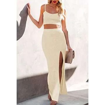 Womens Sleeveless Cami Crop Top Side Split Bodycon Midi Skirt Sets Knit 2 Piece Dress Apricot S