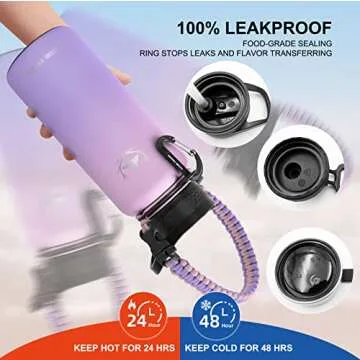 NATURE PIONEOR Insulated Water Bottles with Paracord Handle - 32 oz Vacuum Sports Wide Mouth Water Bottle with 3 Lids, Leak Proof Stainless Steel Keeps Hot and Cold